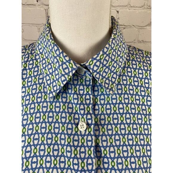 TALBOTS Petites white blue green cotton stretch chain shirt 10 - Picture 2 of 9